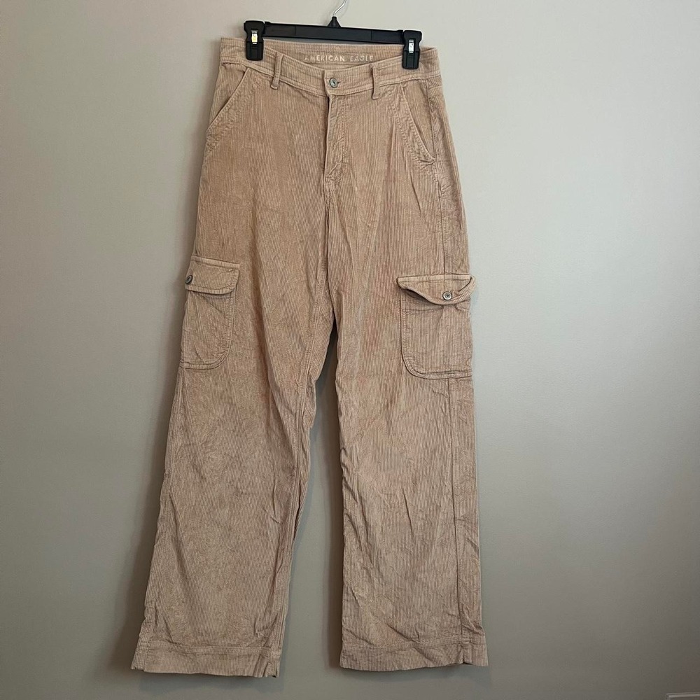 American Eagle Corduroy Cargo Pants Y2K Tan Size 6 Relaxed Stretch Streetwear